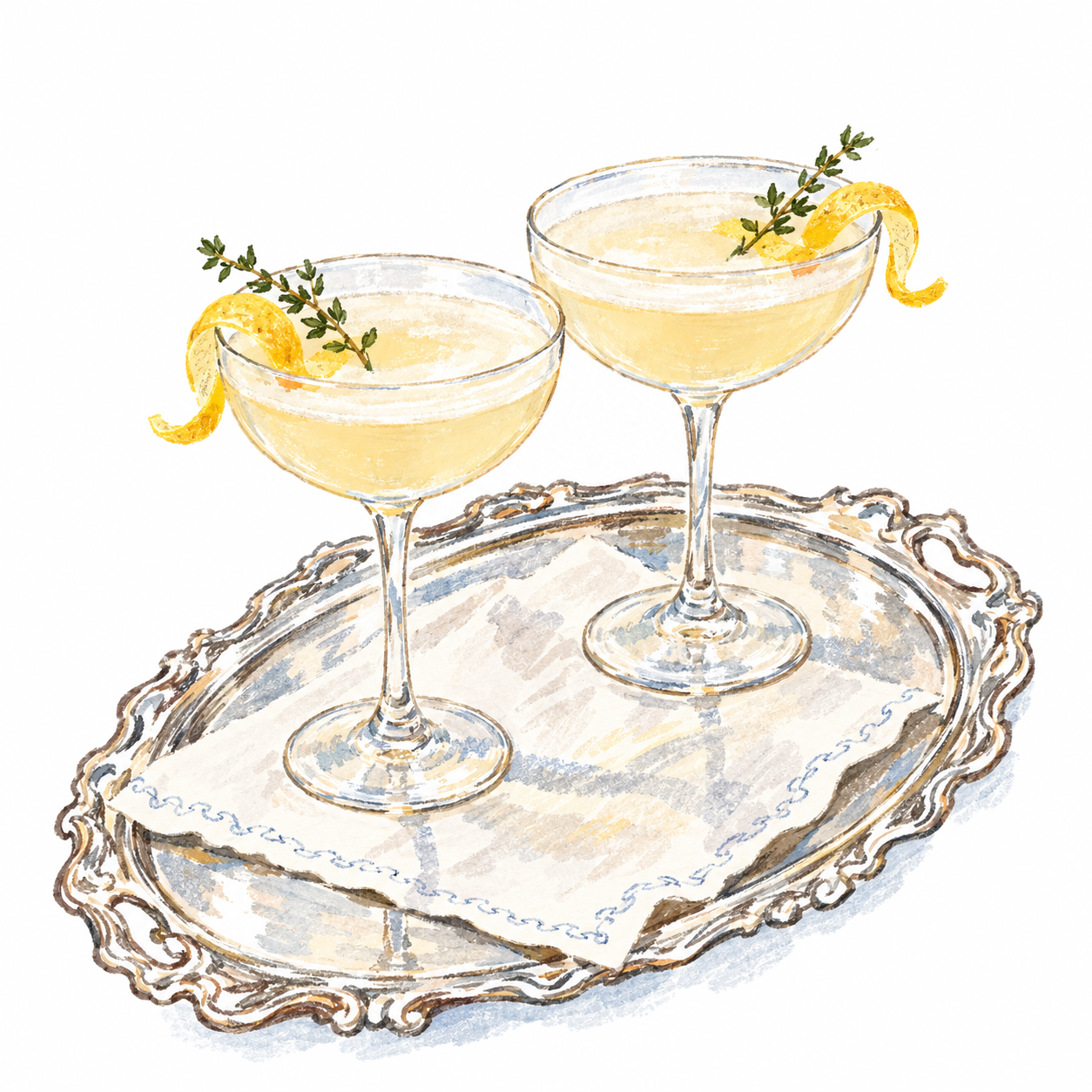 Watercolor illustration of two lemon cocktails on an antique silver tray