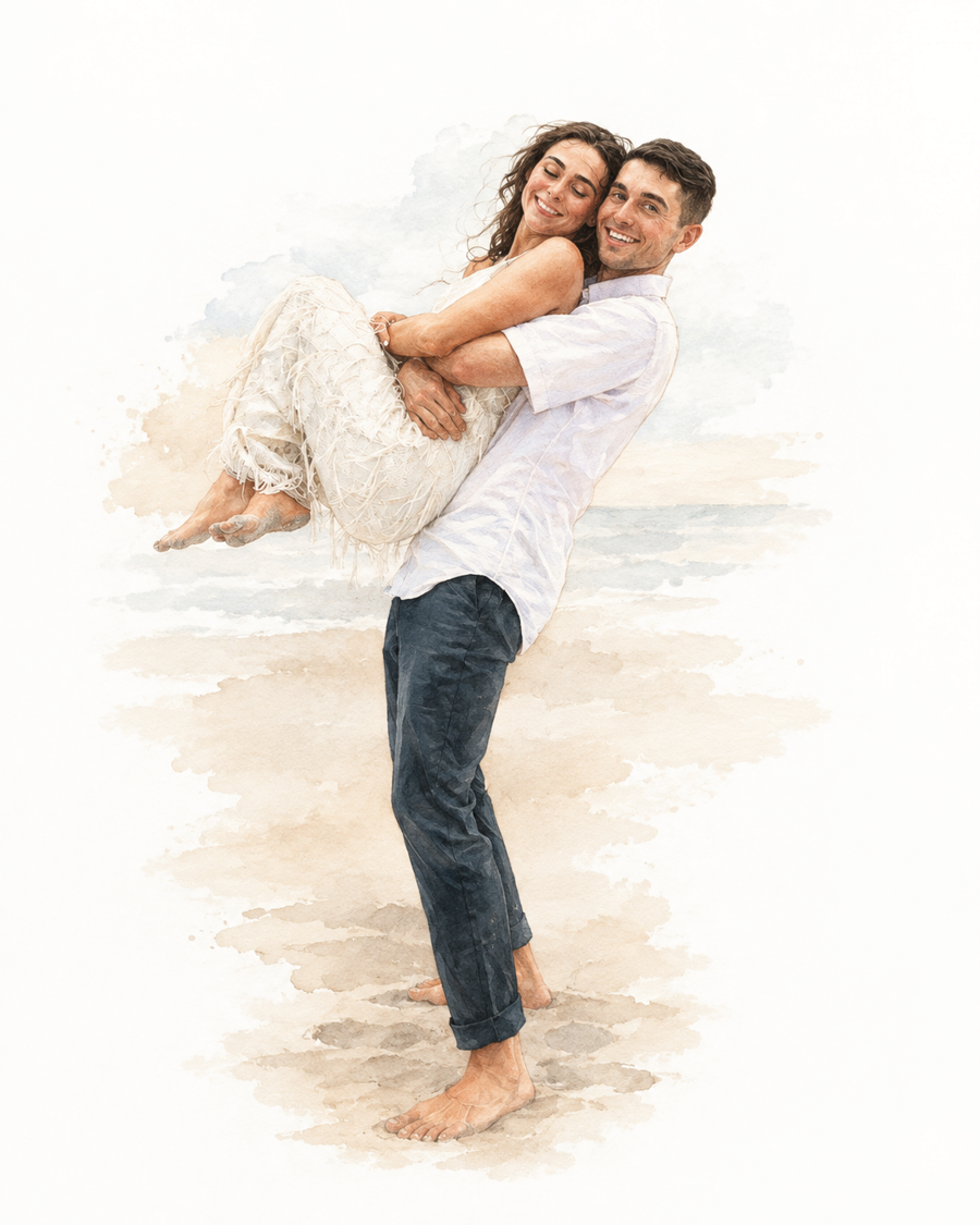 Watercolor portrait of Ashley and Clyde on the beach